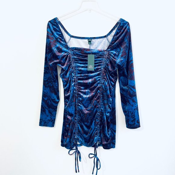 Wild Fable Woman Velvet Dress Medium Bodycon Blue Purple Long Sleeve Ruched Mini - Picture 4 of 14